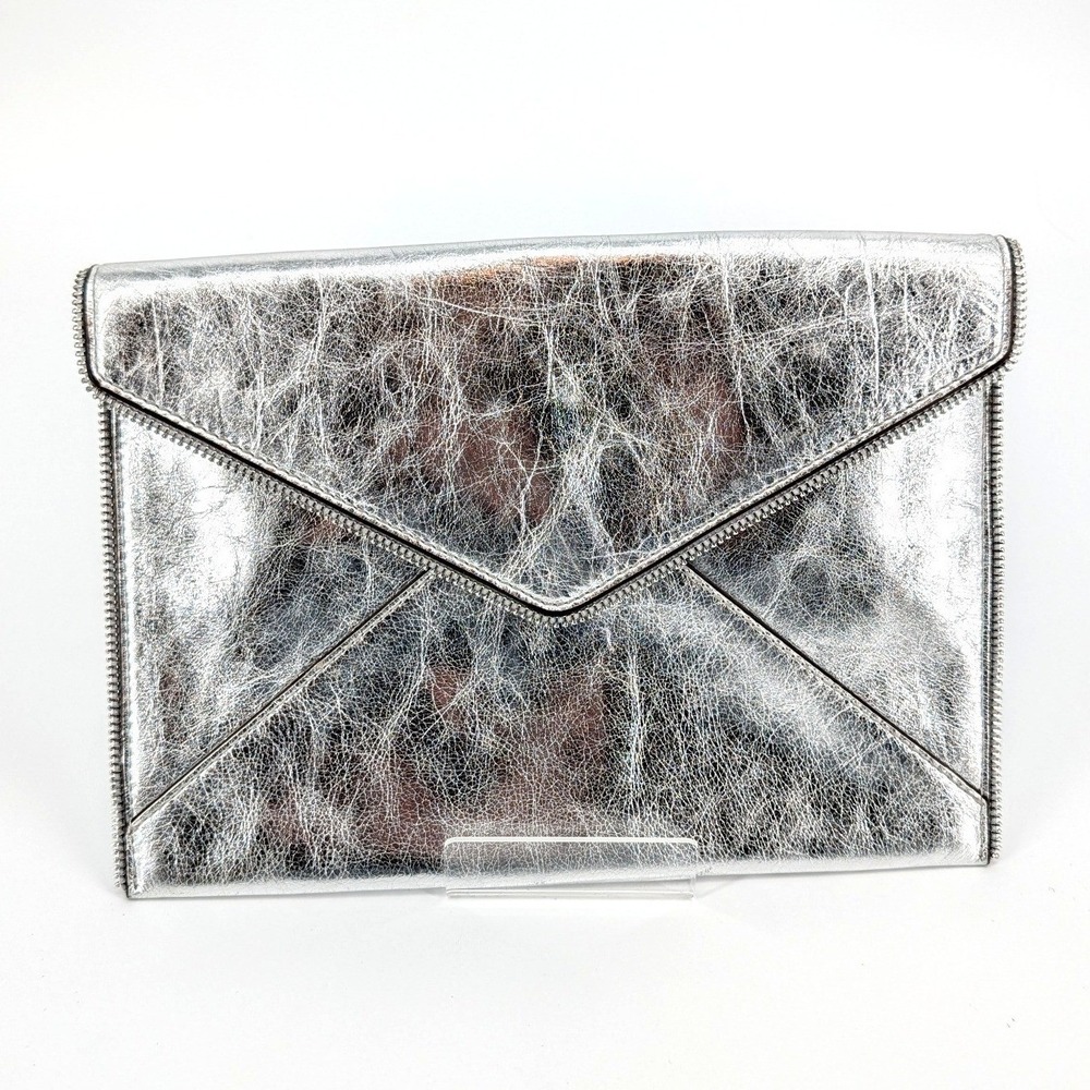 Rebecca Minkoff Leo Envelope Clutch Metallic Silver Crinkled Leather Zipper Trim